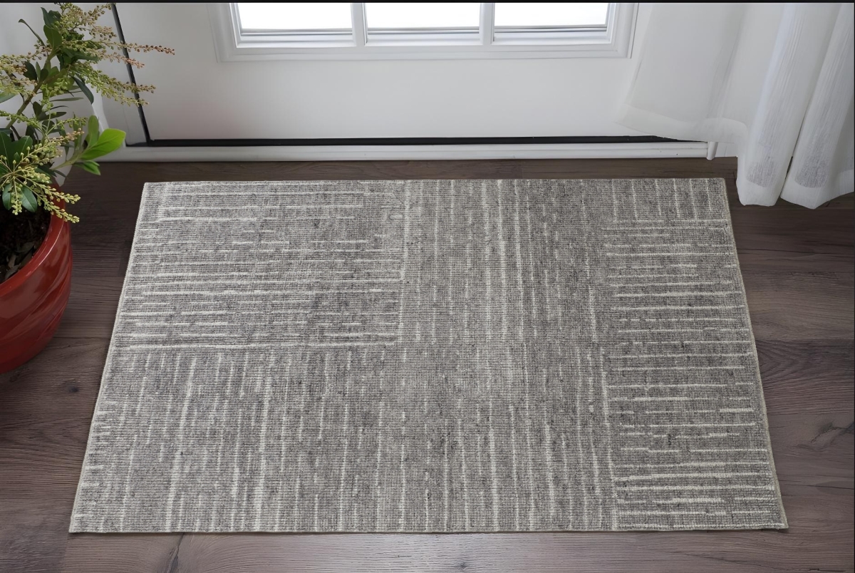 566420 2 x 3 ft. Wool Checkered Hand Knotted Worn Faded Rectangle Area Rug, Gray & Ivory