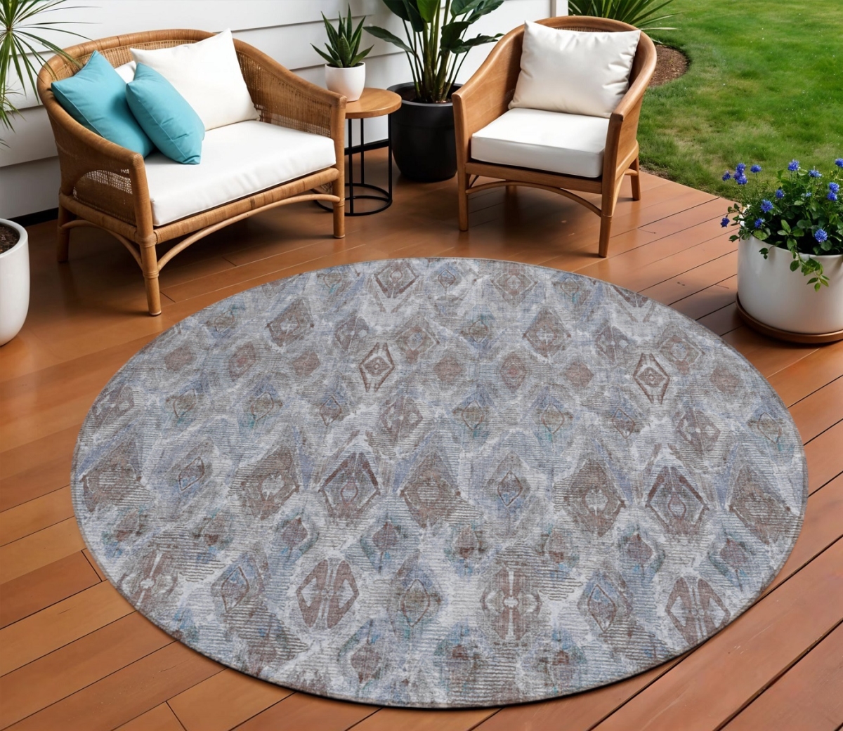 579002 8 ft. Round Geometric Washable Indoor & Outdoor Area Rug, Sky Blue & Silver