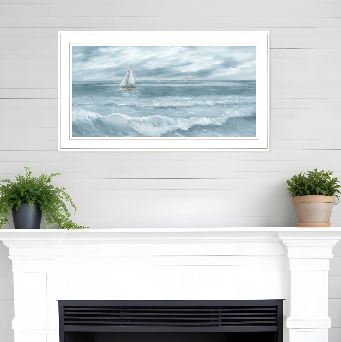 529949 Modern Three Sailboats White Framed Print Wall Art