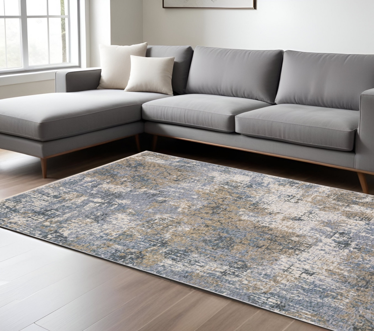 574772 8 x 11 ft. Abstract Distressed Rectangle Area Rug with Fringe, Beige & Blue