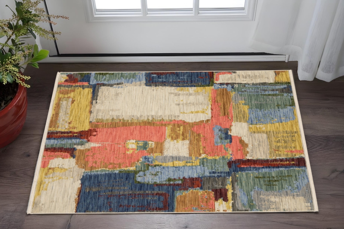575192 2 x 3 ft. Abstract Rectangle Area Rug with Fringe, Pink, Blue & Yellow