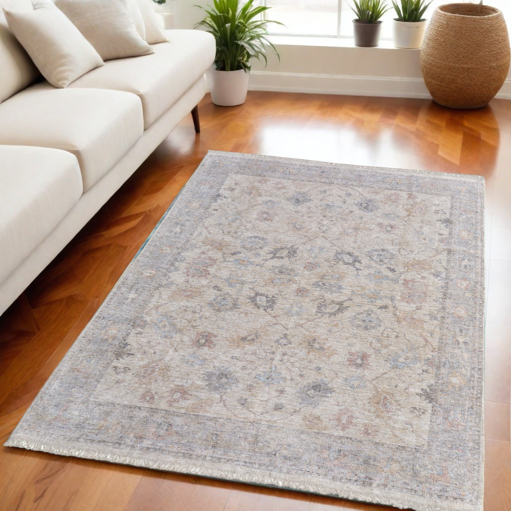 566211 5 x 8 ft. Floral Hand Woven Distressed Rectangle Area Rug with Fringe, Ivory, Tan & Blue