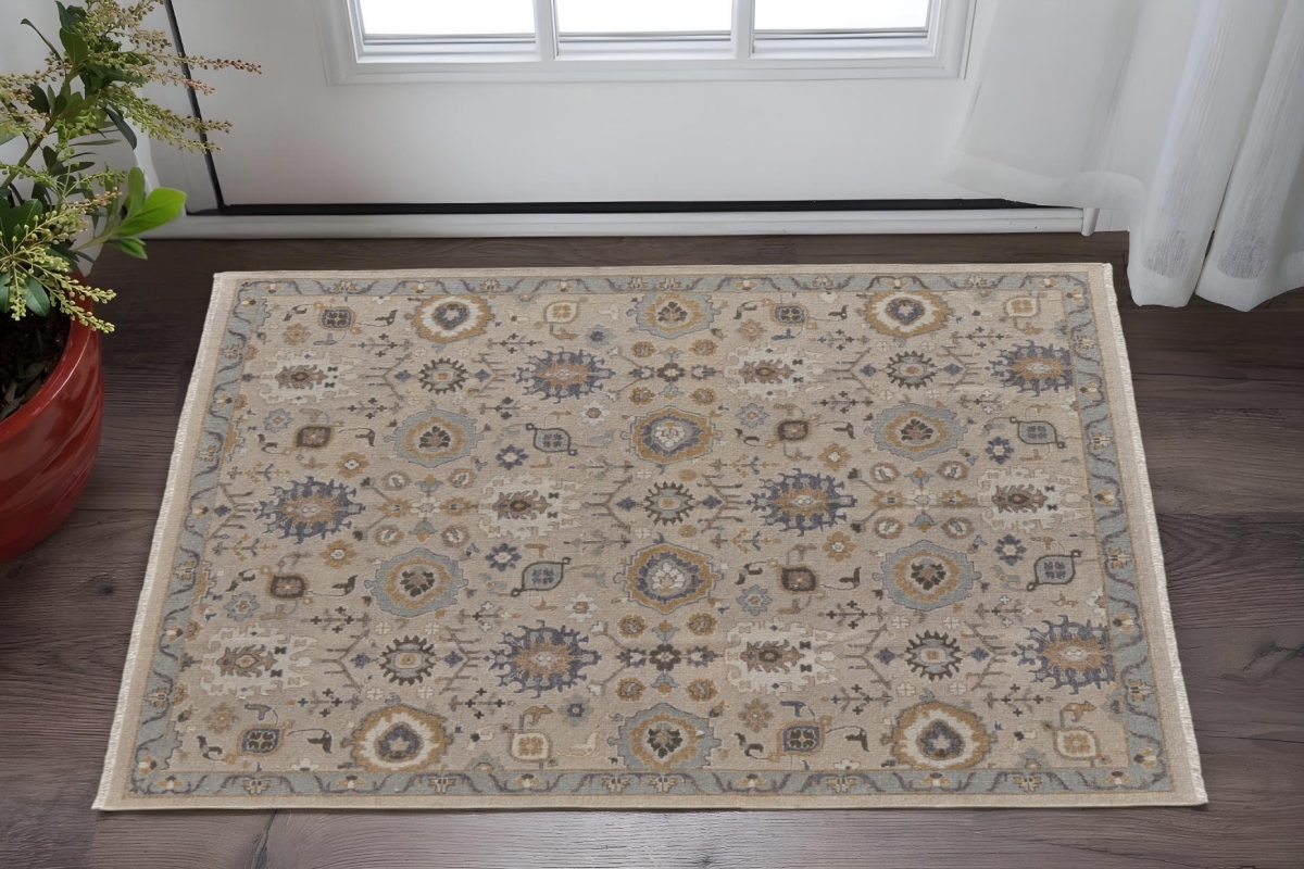 566800 2 x 3 ft. Wool Oriental Hand Knotted Rectangle Area Rug with Fringe, Tan, Brown & Gray