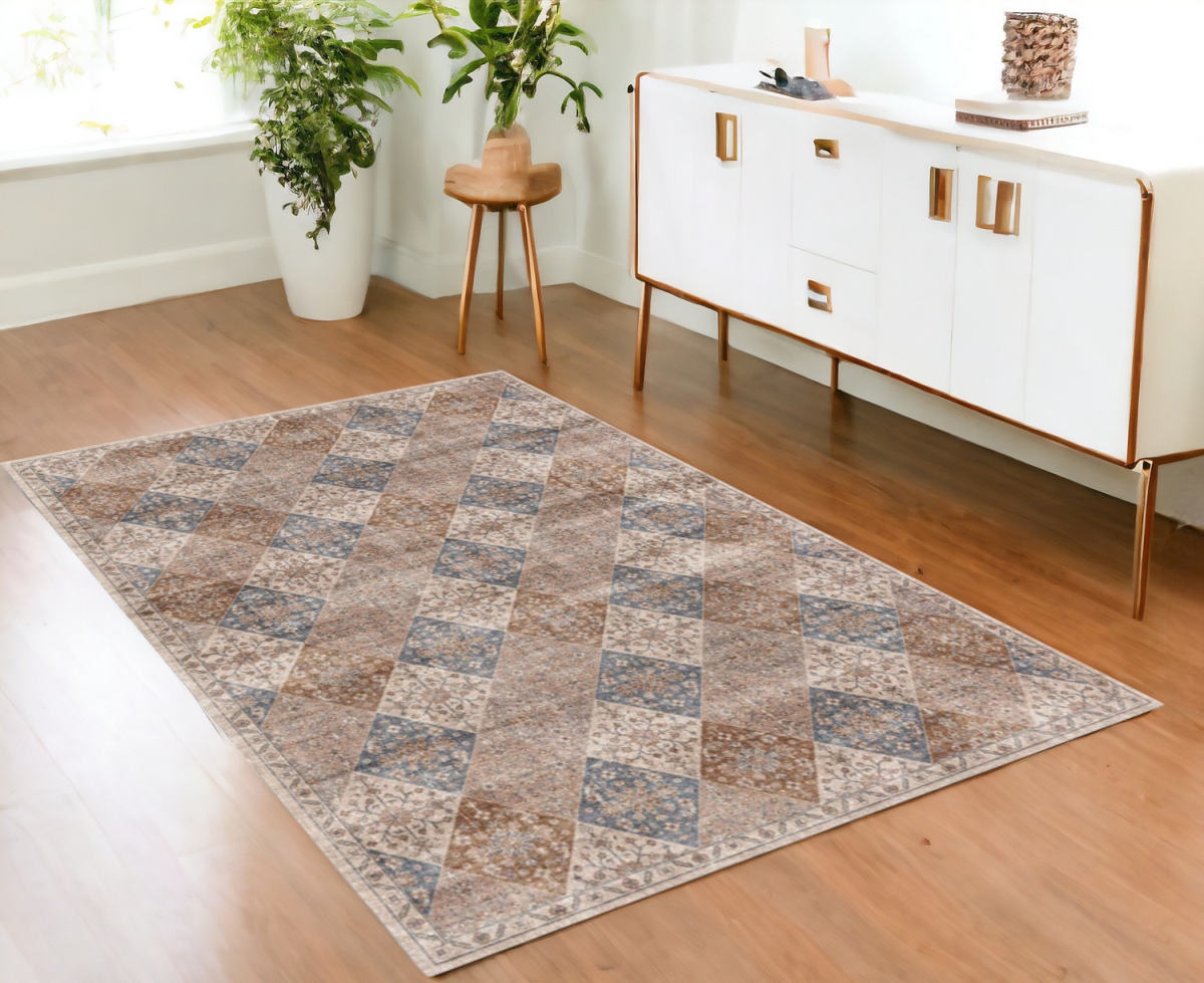 530555 4 x 6 ft. Floral Distressed Rectangle Area Rug, Brown & Blue