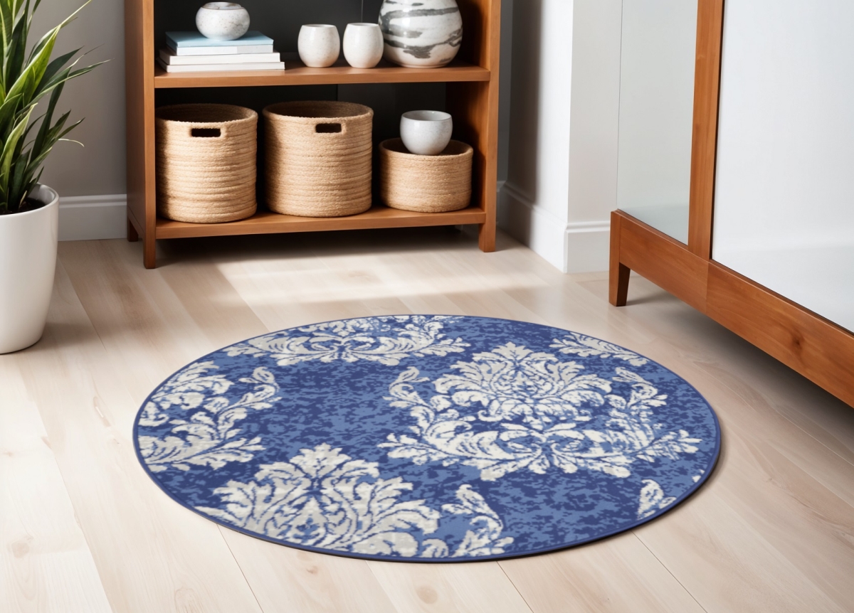 552412 5 ft. Damask Distressed Round Rug, Navy Blue & Ivory