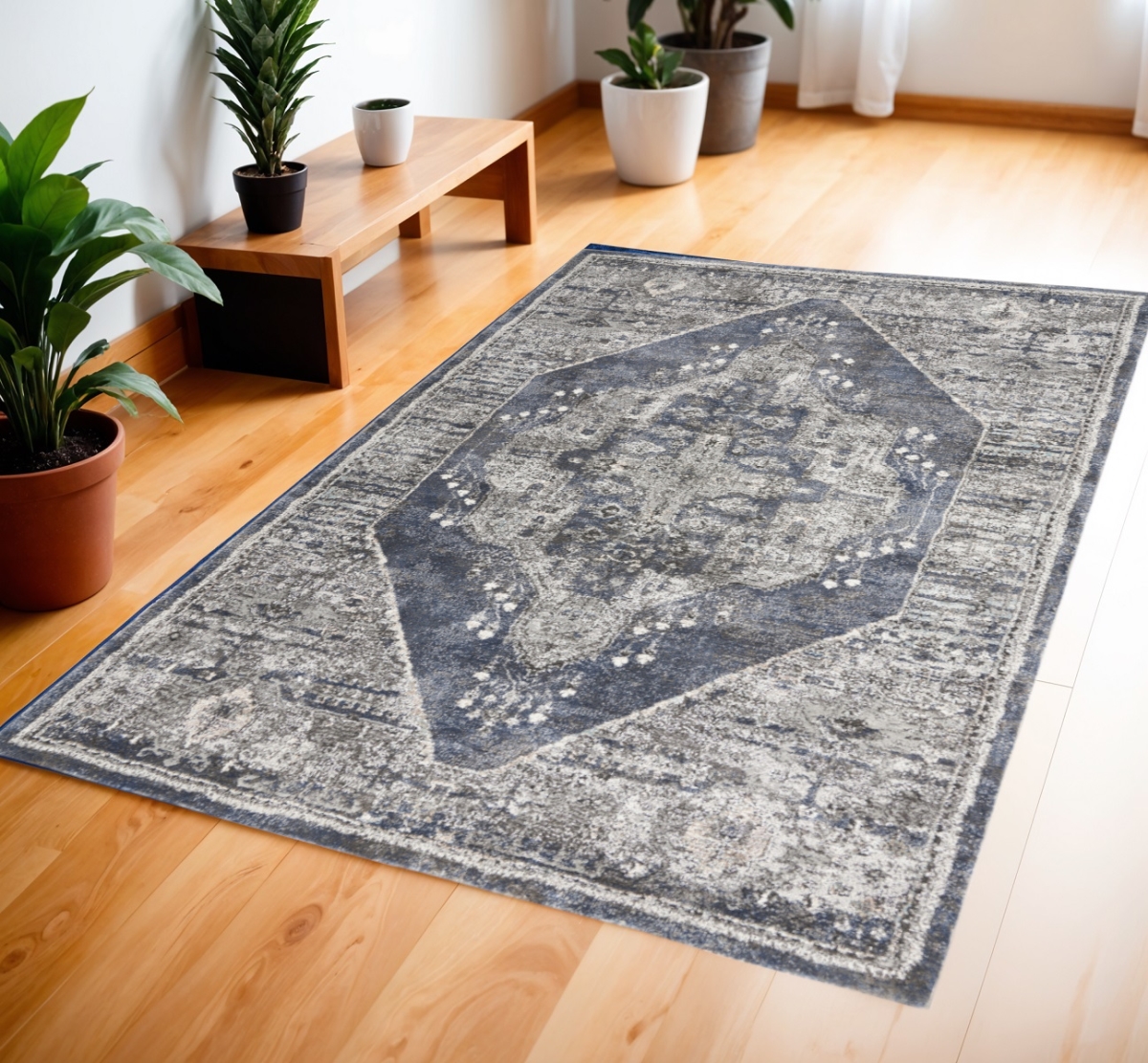 569648 4 x 6 ft. Floral Power Loom Distressed Rectangle Area Rug, Blue