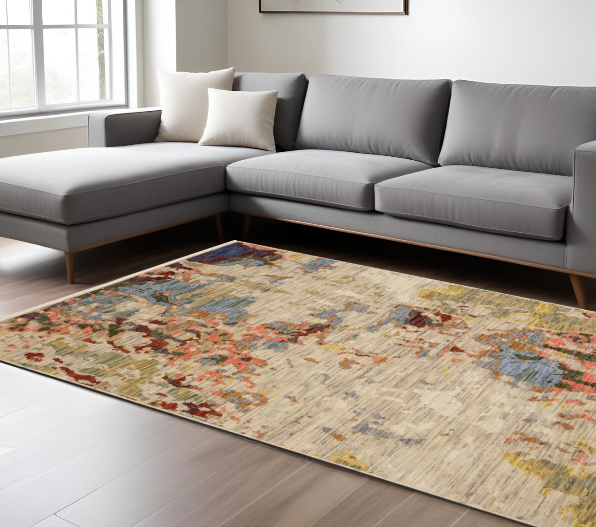 576482 8 x 11 ft. Abstract Rectangle Area Rug with Fringe, Beige, Salmon & Tan