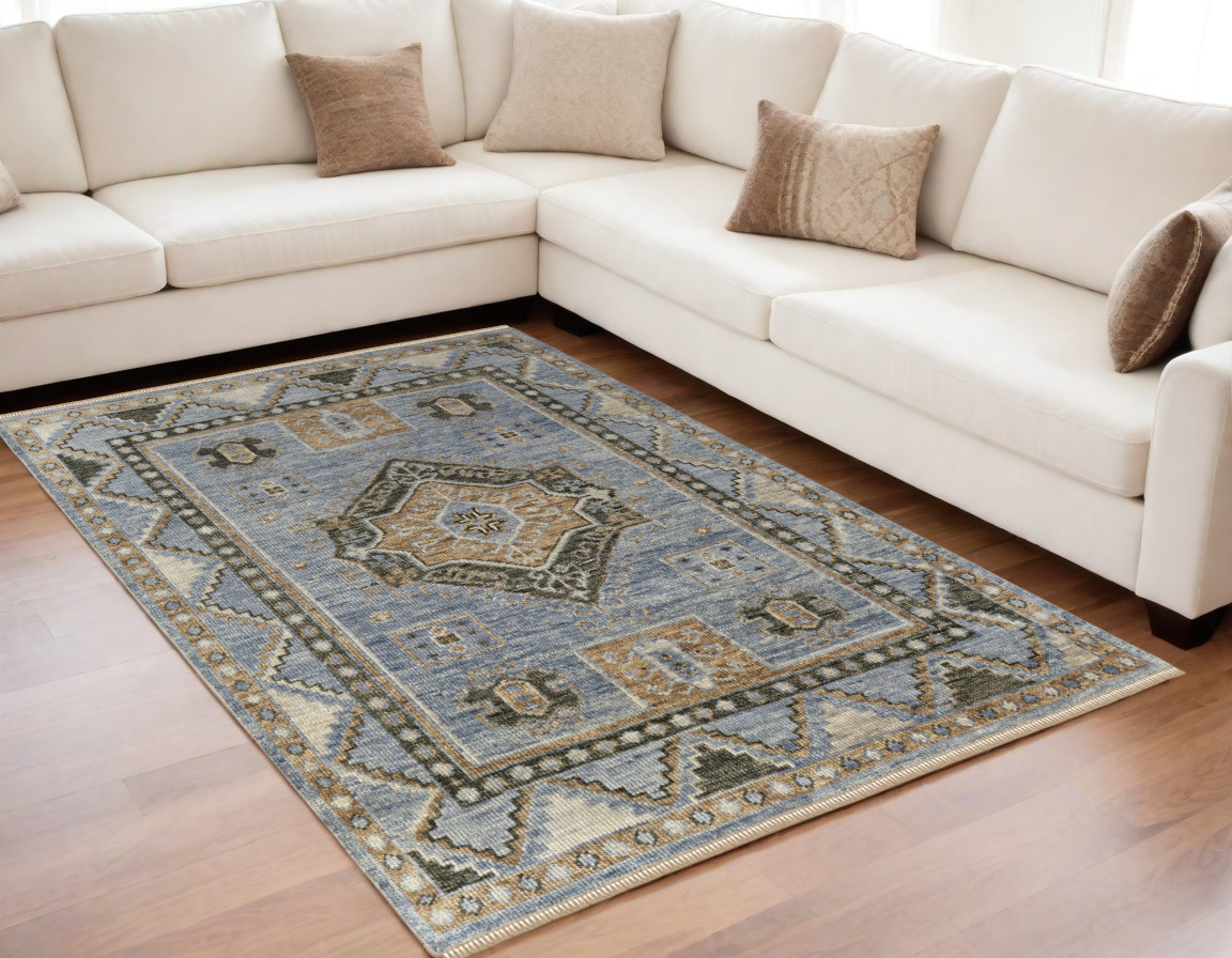 567041 5 x 8 ft. Wool Oriental Hand Knotted Rectangle Area Rug with Fringe, Ivory, Tan & Blue