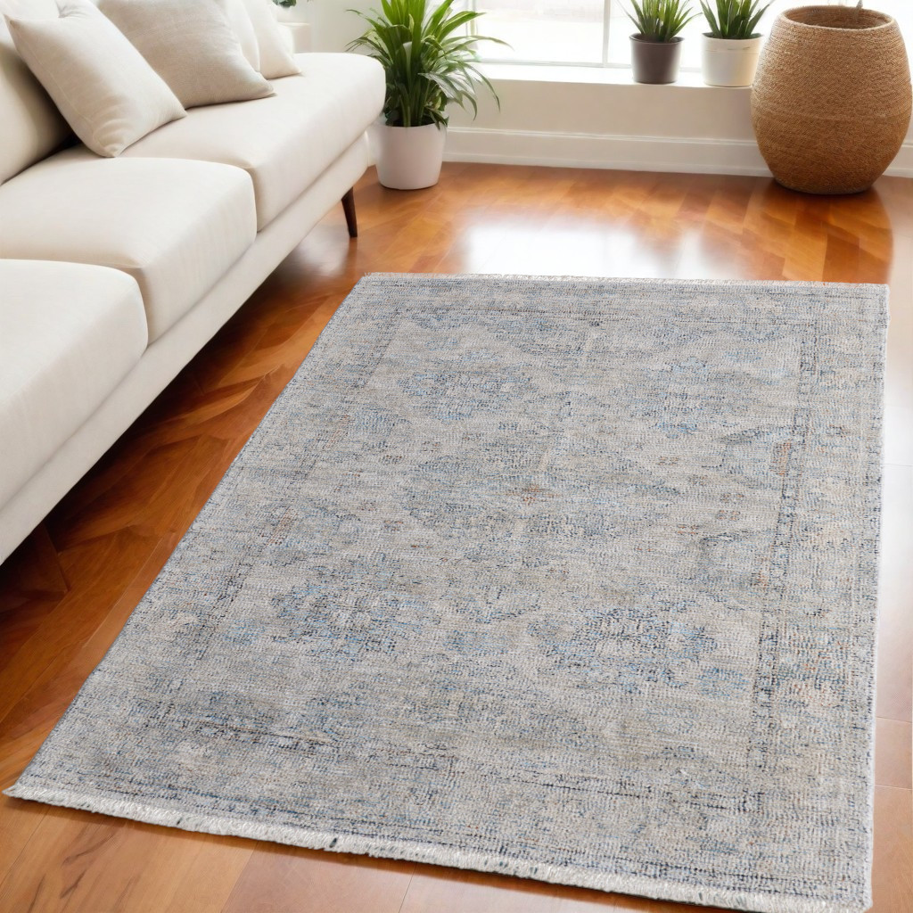 566182 5 x 8 ft. Oriental Hand Woven Distressed Rectangle Area Rug with Fringe, Gray, Blue & Taupe