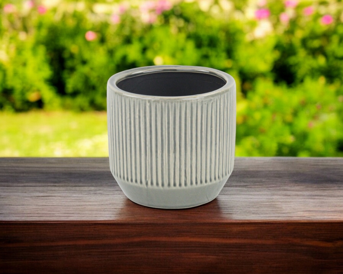487434 6 in. Gray Striped Ceramic Indoor & Outdoor Round Pot Planter