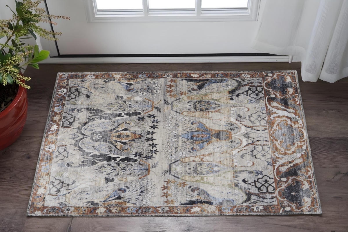 567404 2 x 3 ft. Ikat Power Loom Rectangle Area Rug, Gray, Black & Red