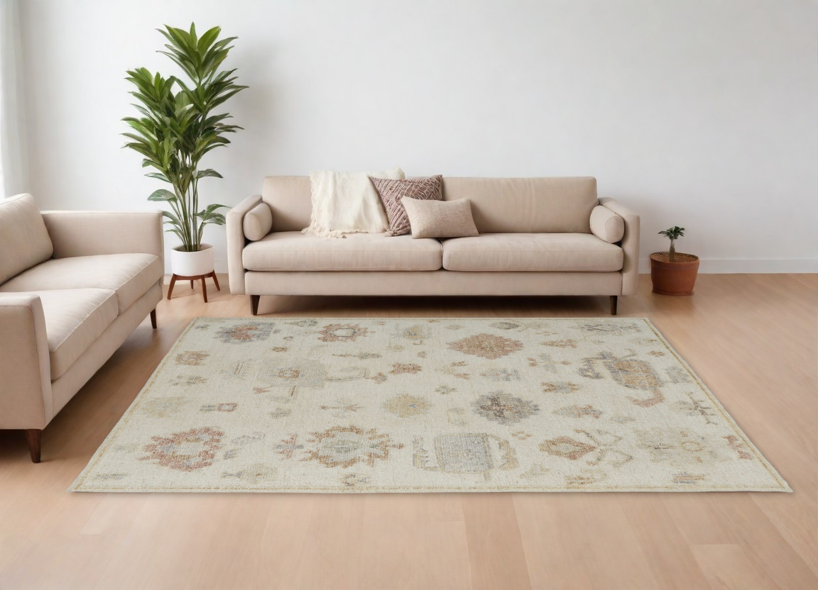 567189 6 x 9 ft. Wool Floral Hand Knotted Rectangle Area Rug, Ivory, Tan & Gray