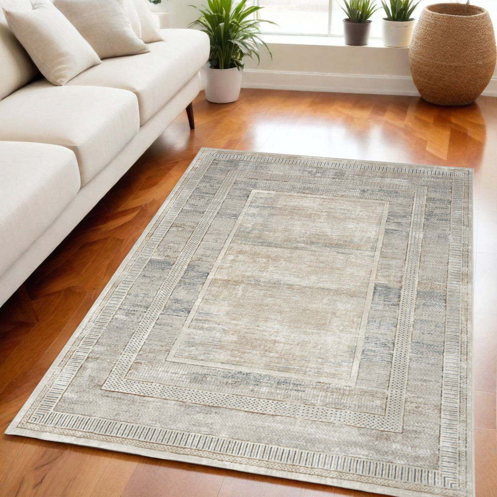 550212 5 x 7 ft. Geometric Non Skid Rectangle Area Rug, Ivory, Blue & Gray