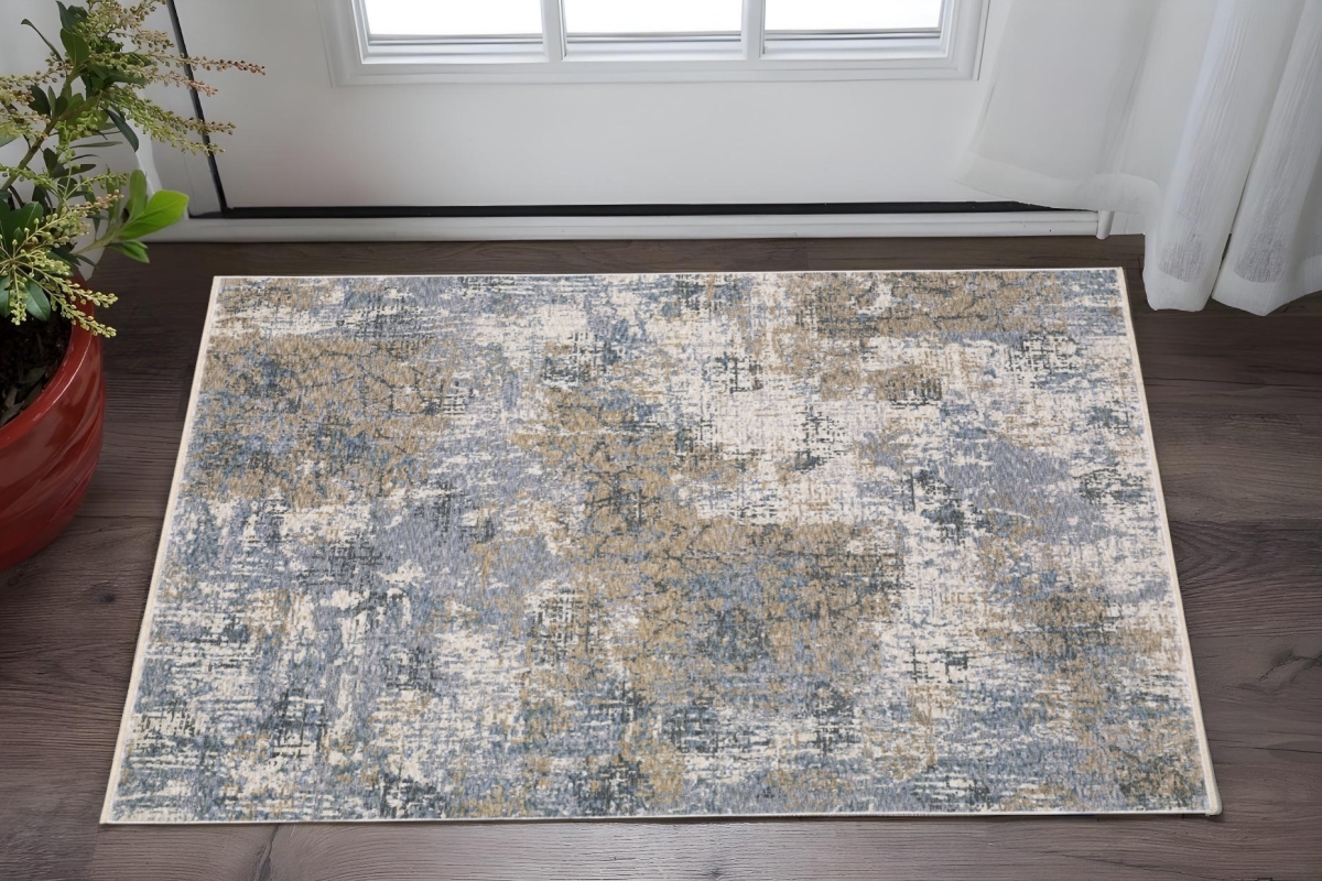 575424 3 x 5 ft. Abstract Rectangle Area Rug with Fringe, Beige & Blue