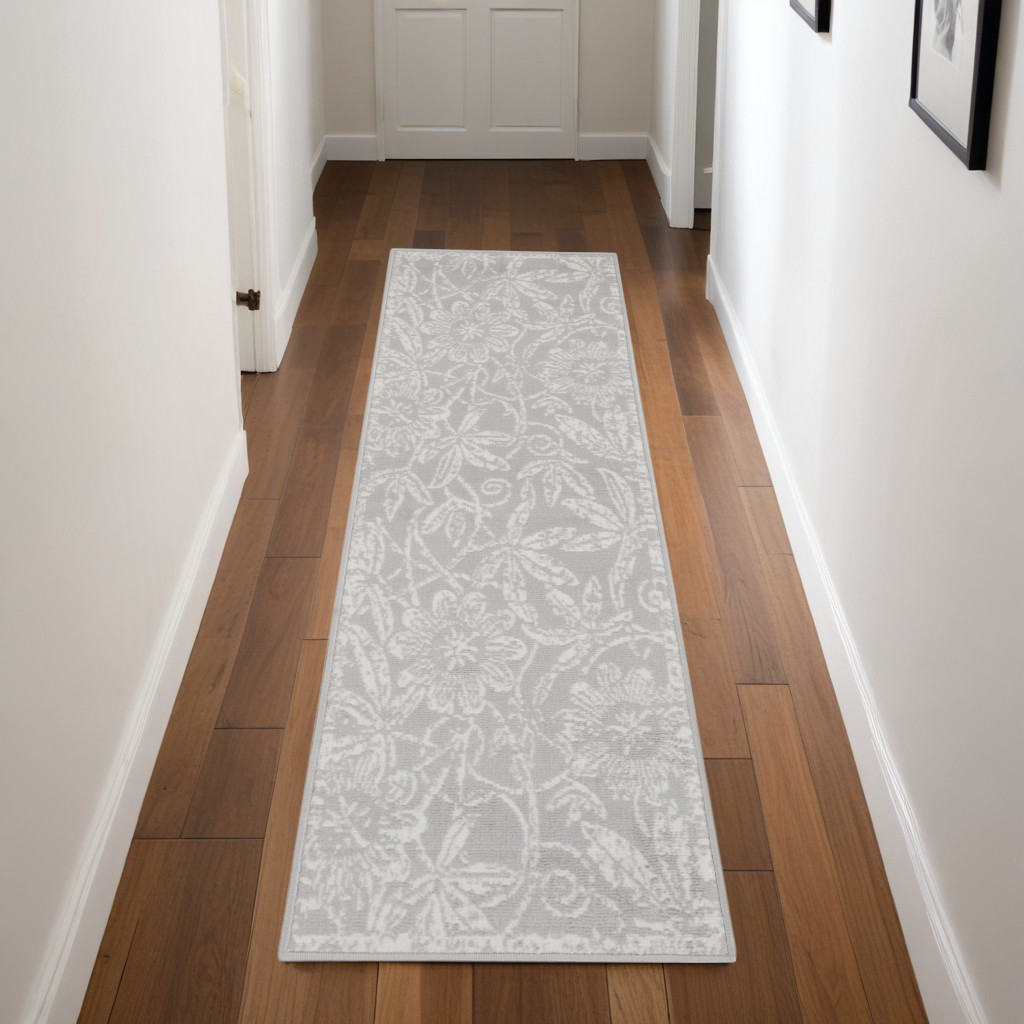 550673 8 ft. Floral Distressed Non Skid Runner Rug, Gray & Ivory