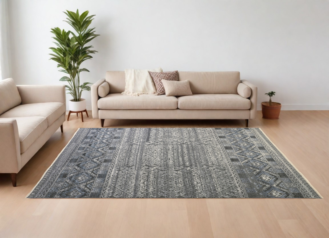 566384 6 x 9 ft. Geometric Hand Knotted Rectangle Area Rug, Gray, Ivory & Blue