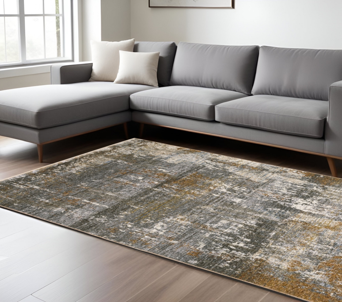 576400 10 x 13 ft. Abstract Rectangle Area Rug with Fringe, Gray & Gold