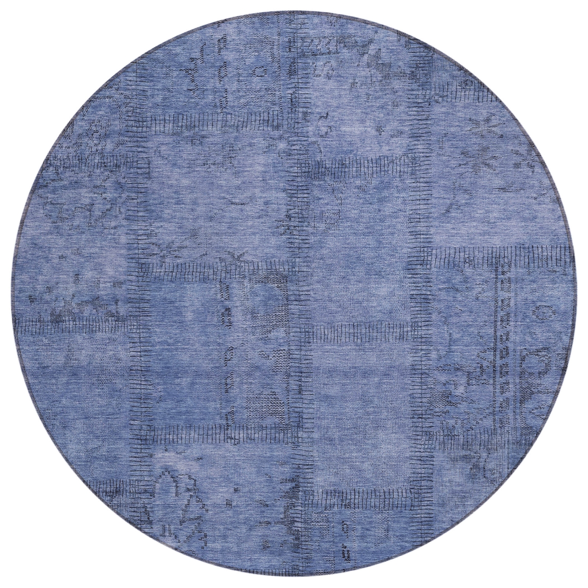 581583 8 ft. Round Patchwork Washable Indoor & Outdoor Area Rug, Denim Blue & Sky Blue
