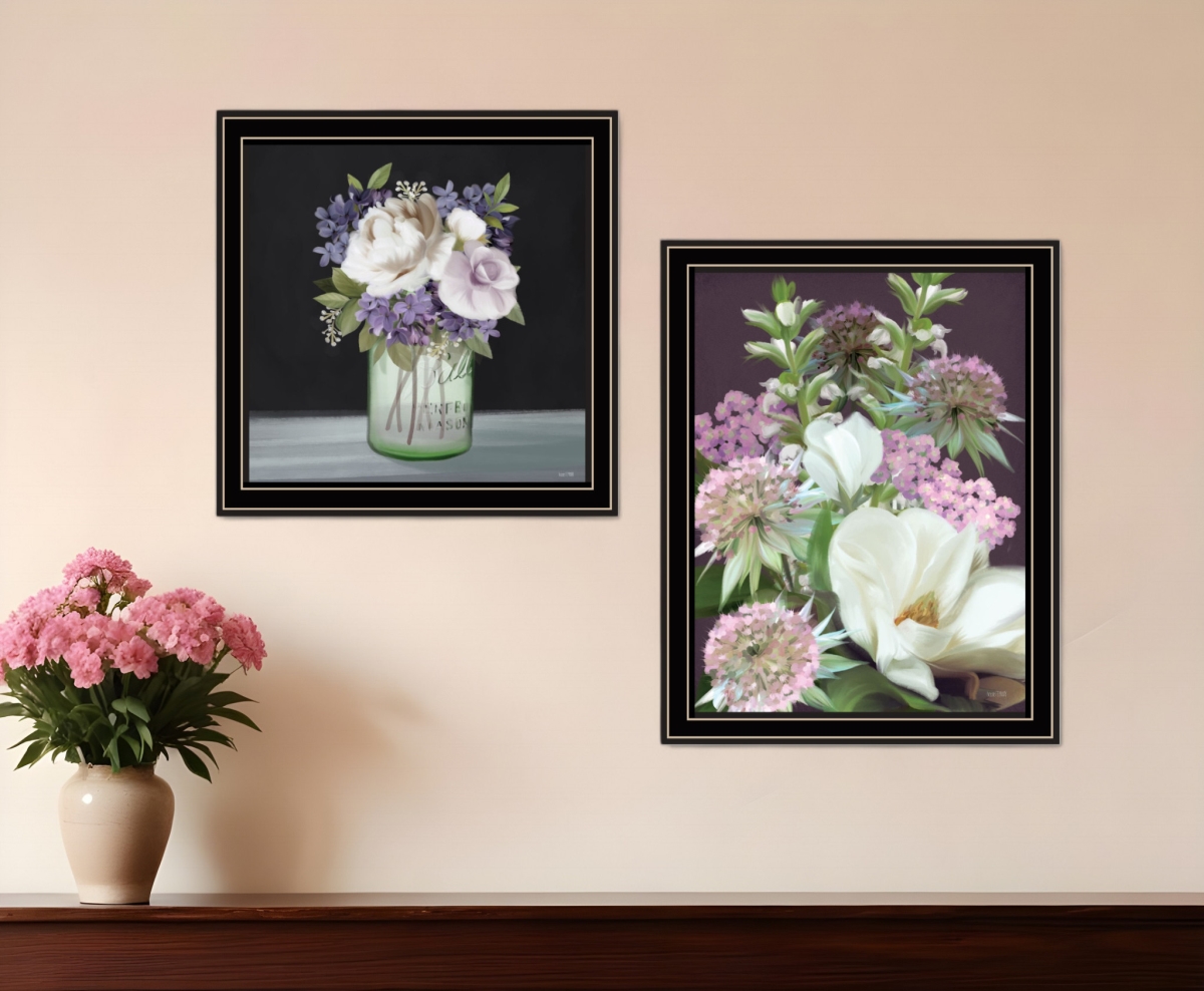 407987 Horizontal Rectangle Lilac & Wild Plum Bouquet Black Framed Print Wall Art - Set of 2