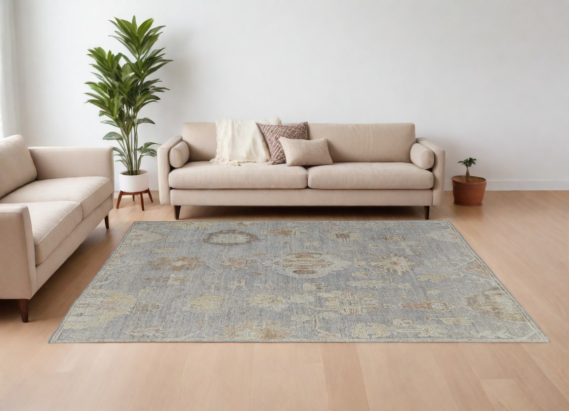 567195 6 x 9 ft. Wool Floral Hand Knotted Rectangle Area Rug, Gray & Blue