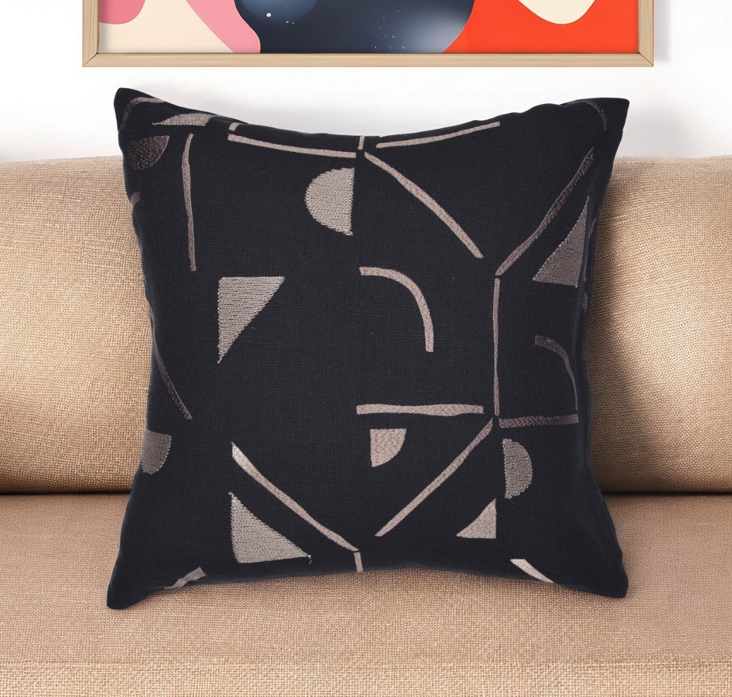 Geometric Cotton Blend Throw Pillow - Beige & Black - 24 in. - Embroidered Design