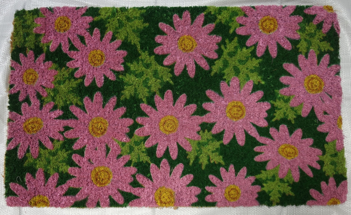 555493 18 x 30 in. Pink & Green Coir Floral Outdoor Spring Door Mat