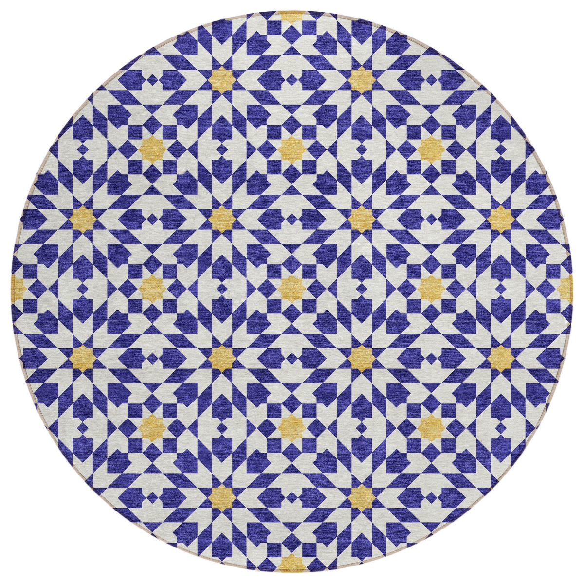 583824 8 ft. Round Floral Medallion Washable Indoor & Outdoor Area Rug, Navy Blue & Ivory