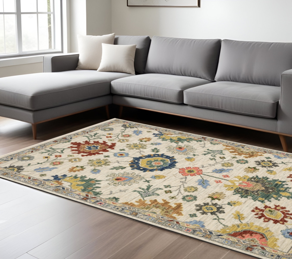 576487 10 x 13 ft. Oriental Rectangle Area Rug with Fringe, Ivory, Red & Blue