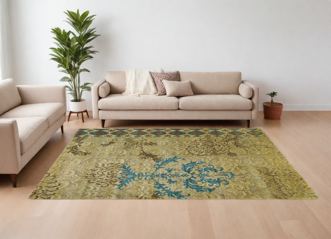 565535 8 x 10 ft. Floral Hand Knotted Rectangle Area Rug, Tan, Blue & Brown