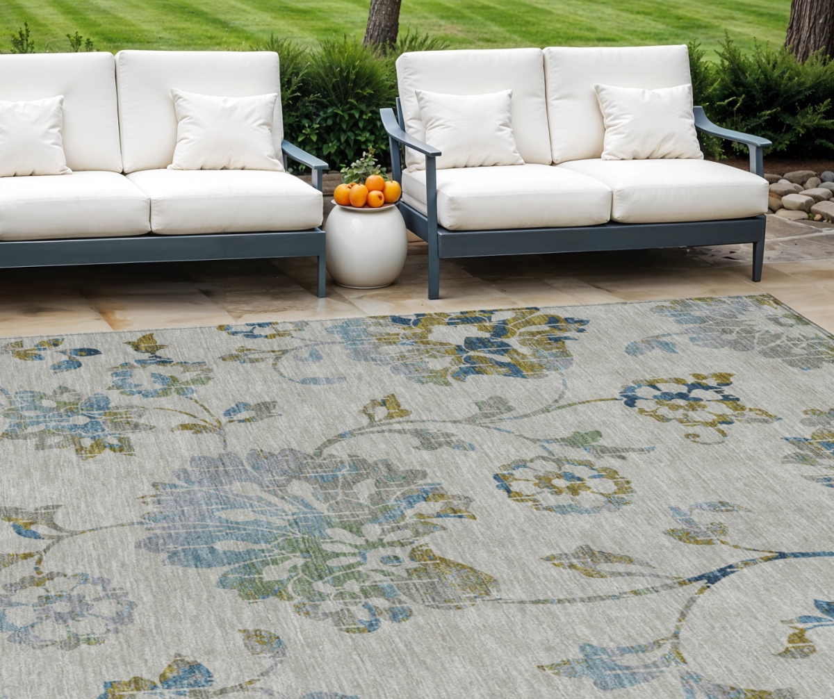 589509 8 x 10 ft. Floral Washable Indoor & Outdoor Rectangle Area Rug, Taupe, Navy Blue & Denim Blue