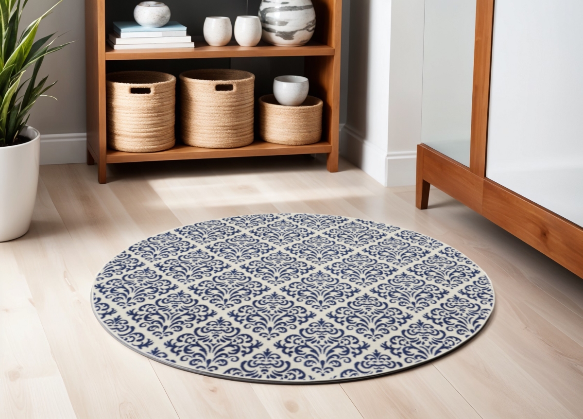 546042 5 ft. Round Damask Power Loom Area Rug, Blue & White