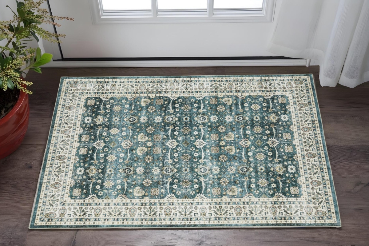 575184 2 x 3 ft. Oriental Distressed Rectangle Area Rug, Teal & Ivory