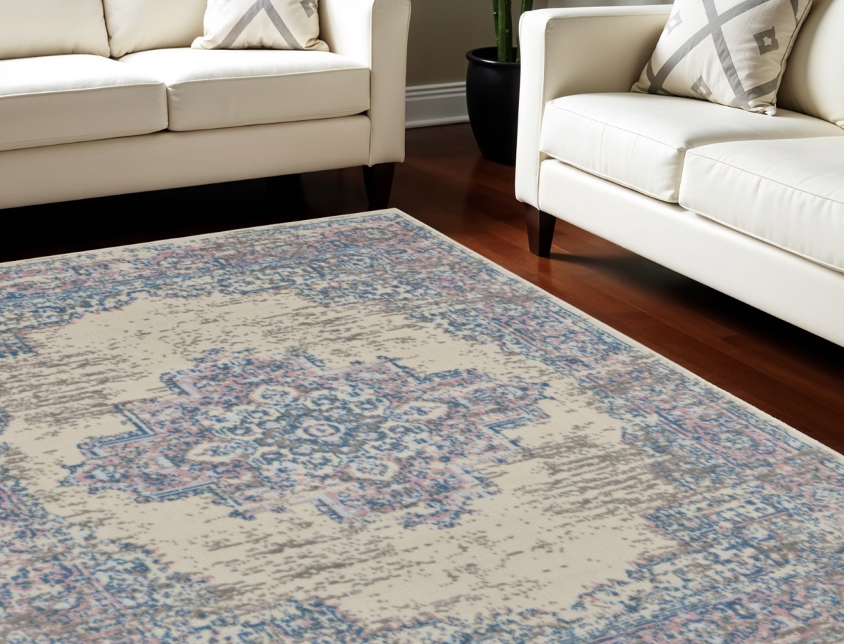 550814 9 x 12 ft. Floral Medallion Distressed Non Skid Rectangle Area Rug, Ivory & Blue