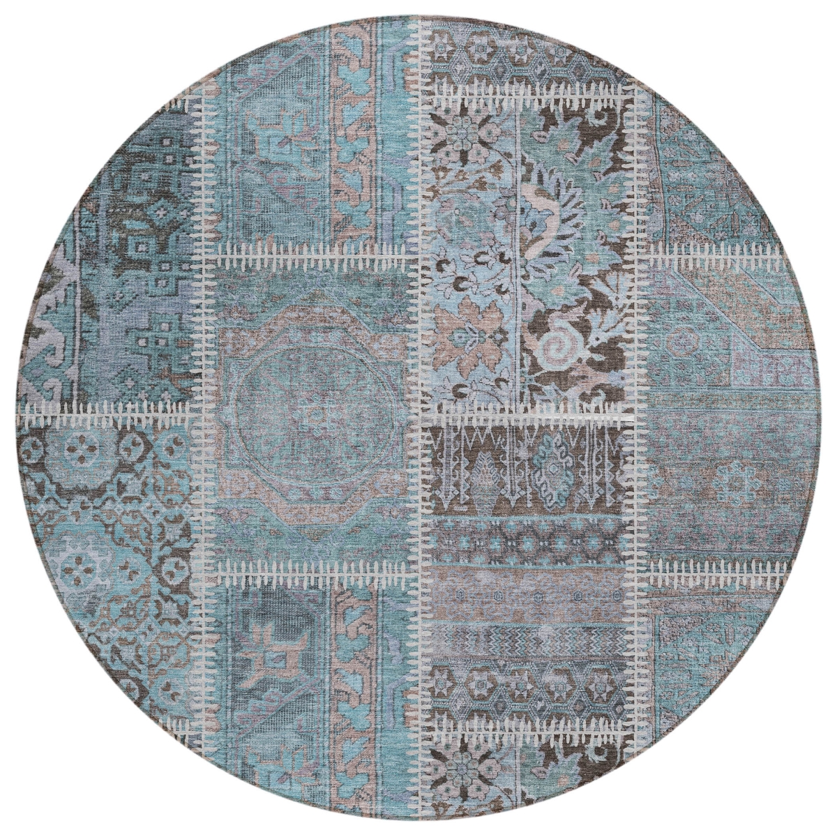 579399 8 ft. Round Patchwork Washable Indoor & Outdoor Area Rug, Teal Blue, Aqua & Beige