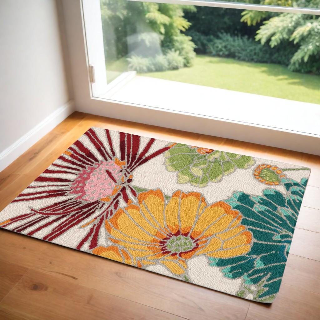 552667 2 x 3 ft. Floral Hand Carved Handmade Rectangle Area Rug, Ivory, Red & Yellow