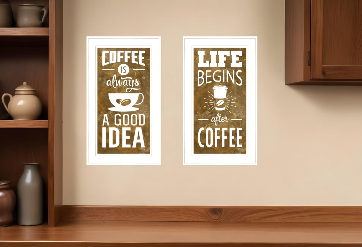 408223 Life Begins & Ends with Coffee White Framed Print Wall Art - Set of 2