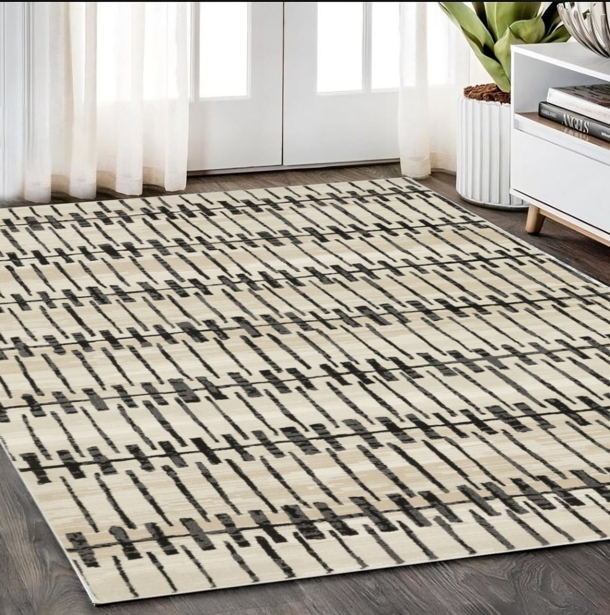 575457 5 x 8 ft. Geometric Rectangle Area Rug, Beige & Black