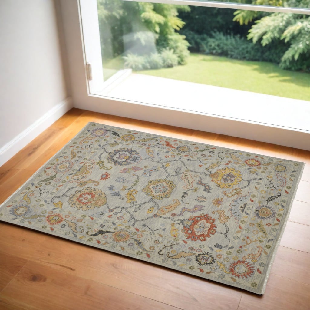 566271 2 x 3 ft. Wool Oriental Hand Knotted Rectangle Area Rug with Fringe, Gray, Red & Yellow