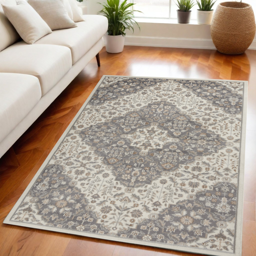 550175 5 x 7 ft. Floral Non Skid Rectangle Area Rug, Ivory & Gray