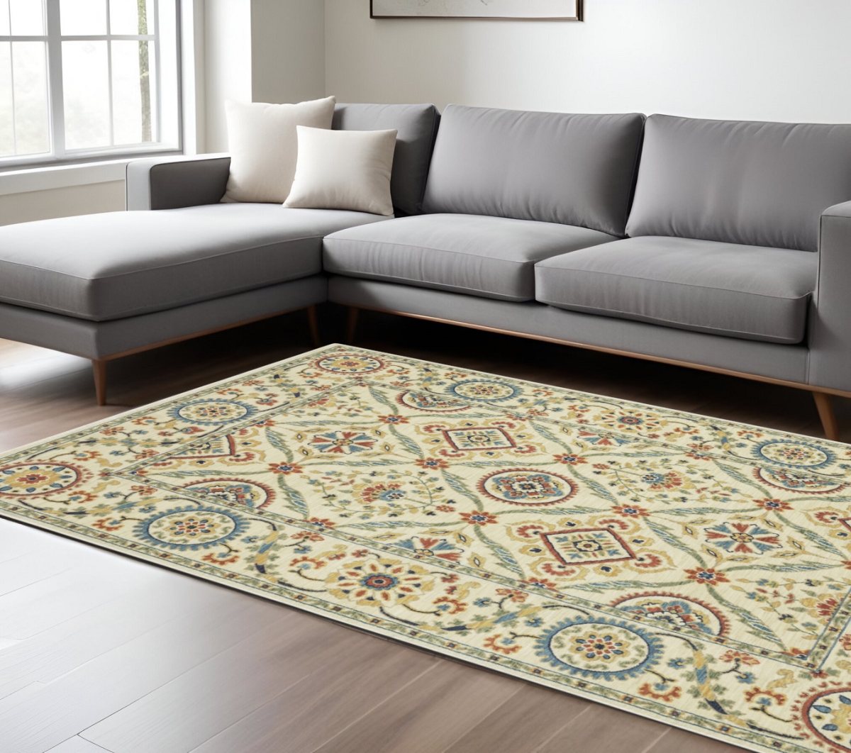 574604 8 x 11 ft. Oriental Rectangle Area Rug with Fringe, Ivory, Blue & Orange