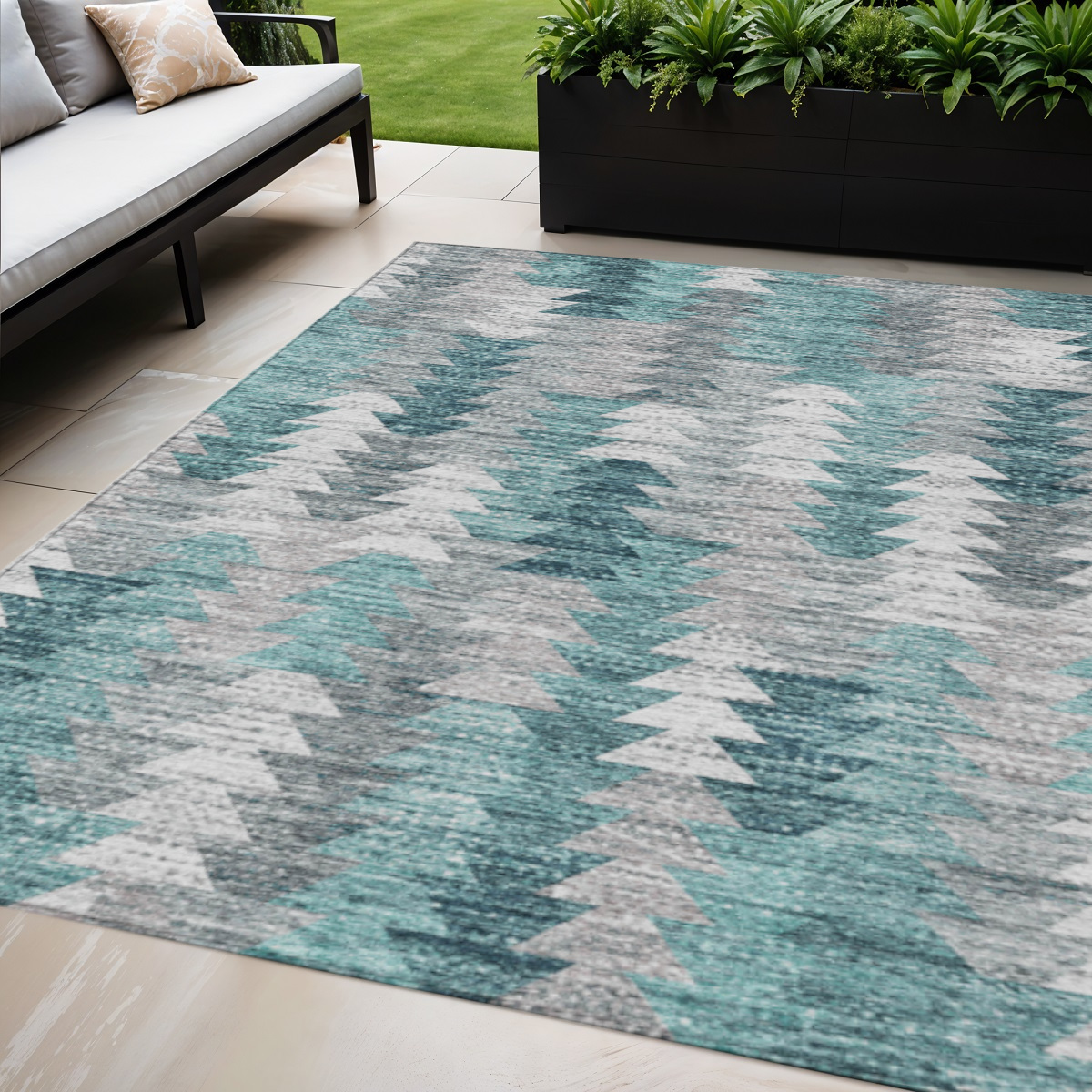 580000 5 x 8 ft. Geometric Washable Indoor & Outdoor Rectangle Area Rug, Dark Blue, Aqua & Gray