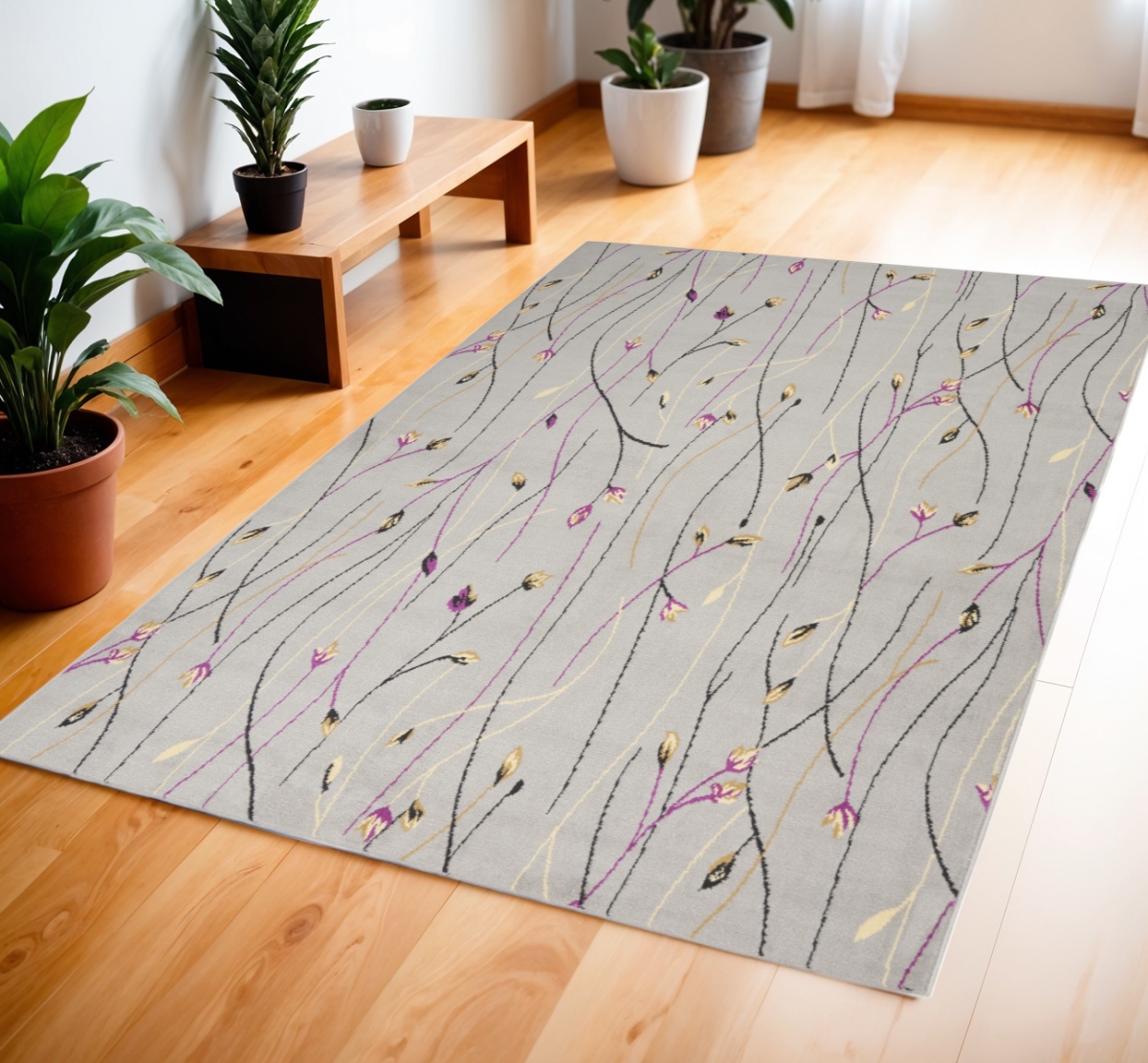 545361 4 x 6 ft. Floral Power Loom Rectangle Area Rug, Gray & Pink
