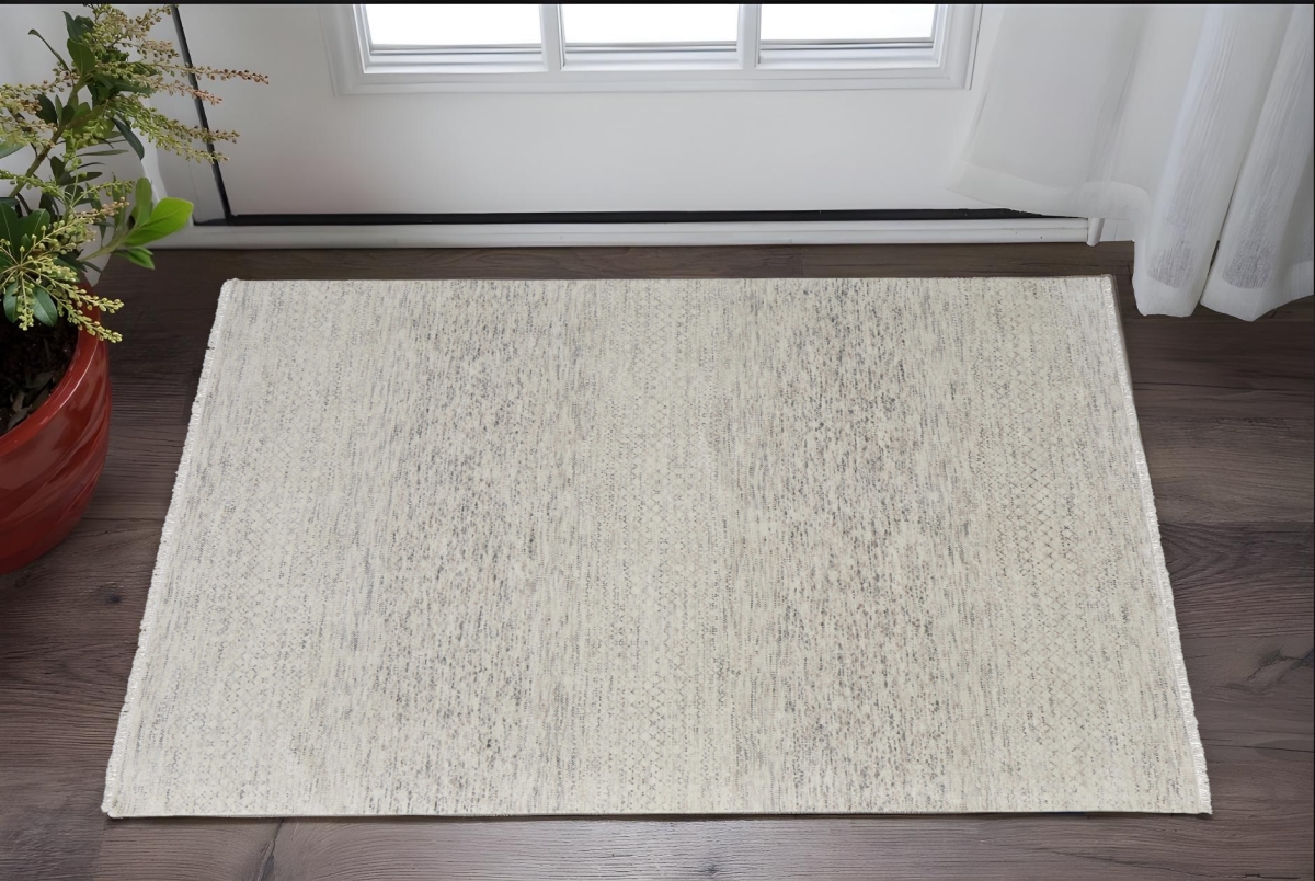 566678 2 x 3 ft. Wool Hand Knotted Rectangle Area Rug with Fringe, Ivory & Gray