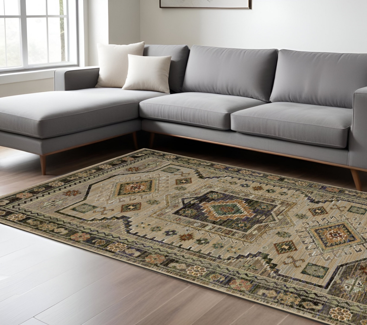 576331 10 x 13 ft. Tribal Rectangle Area Rug, Gray & Green