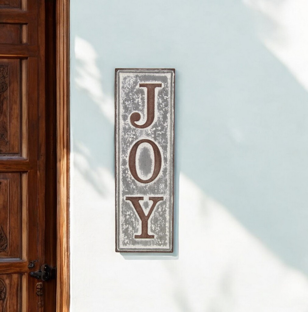 487510 19 x 6 in. Gray & Brown Handcrafted Joy Metal Wall Decor
