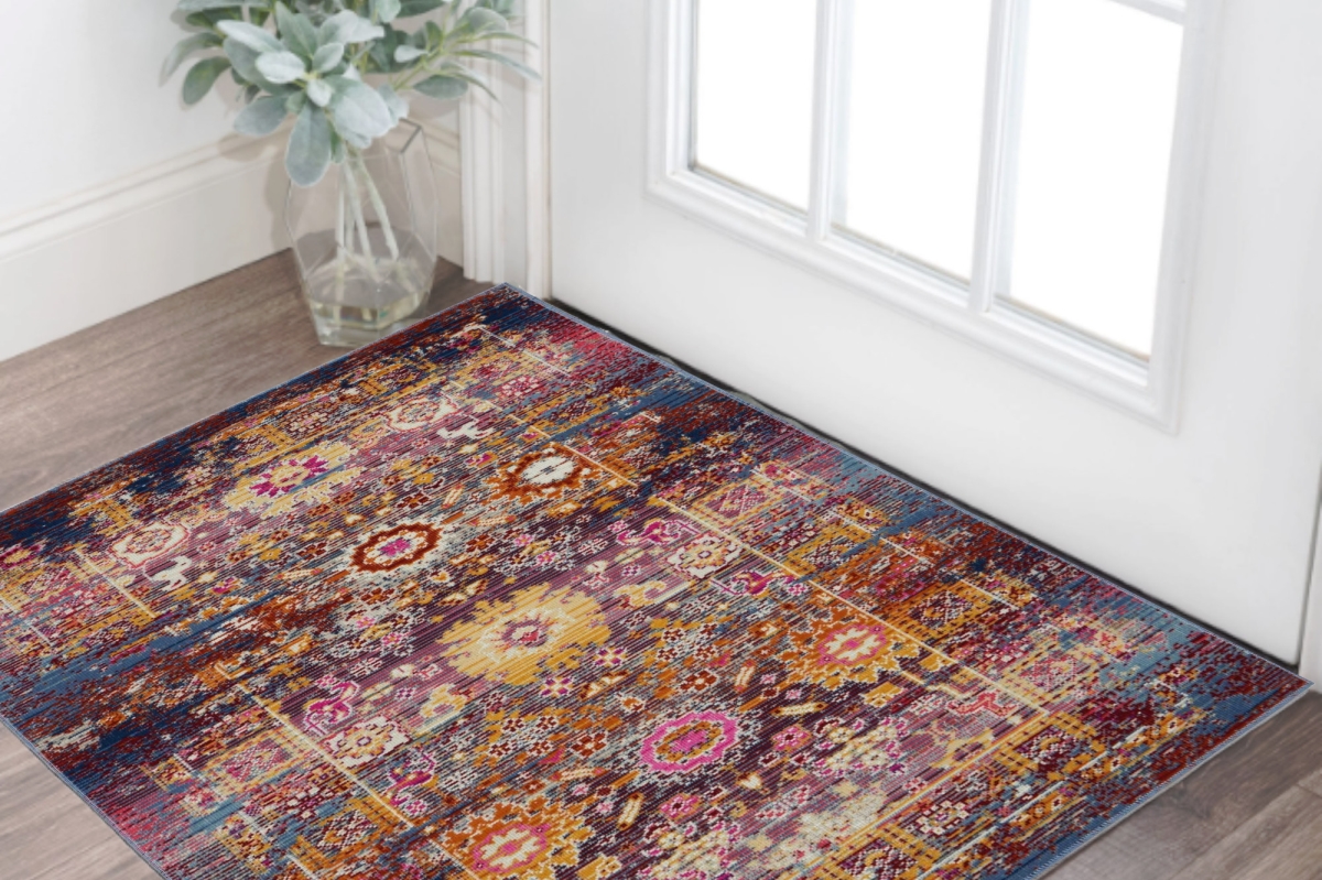 553373 2 x 4 ft. Floral Distressed Rectangle Area Rug, Blue, Yellow & Red