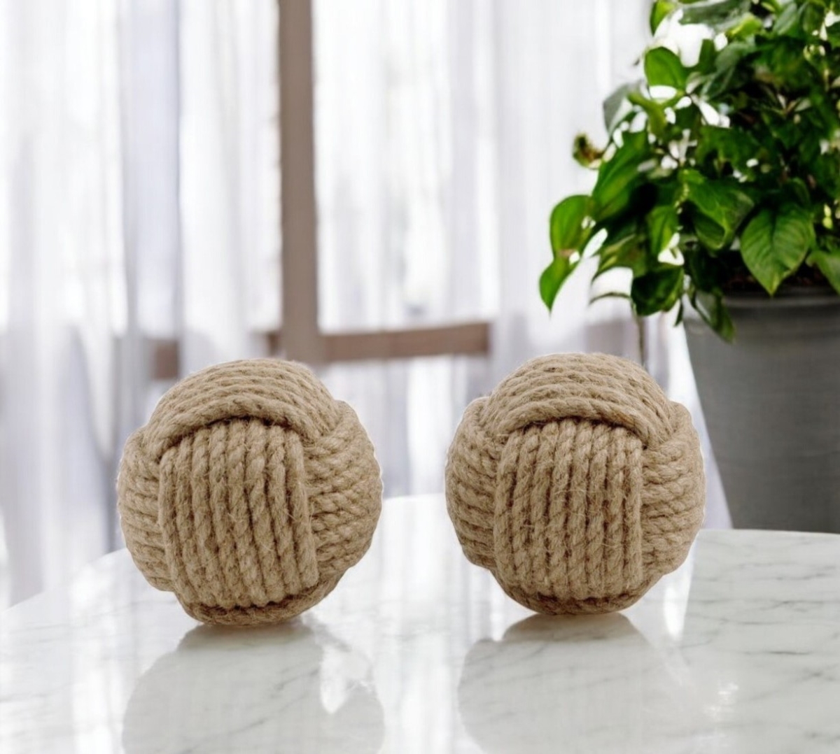 568891 Natural Jute Decorative Orb Tabletop Sculpture - Set of 2