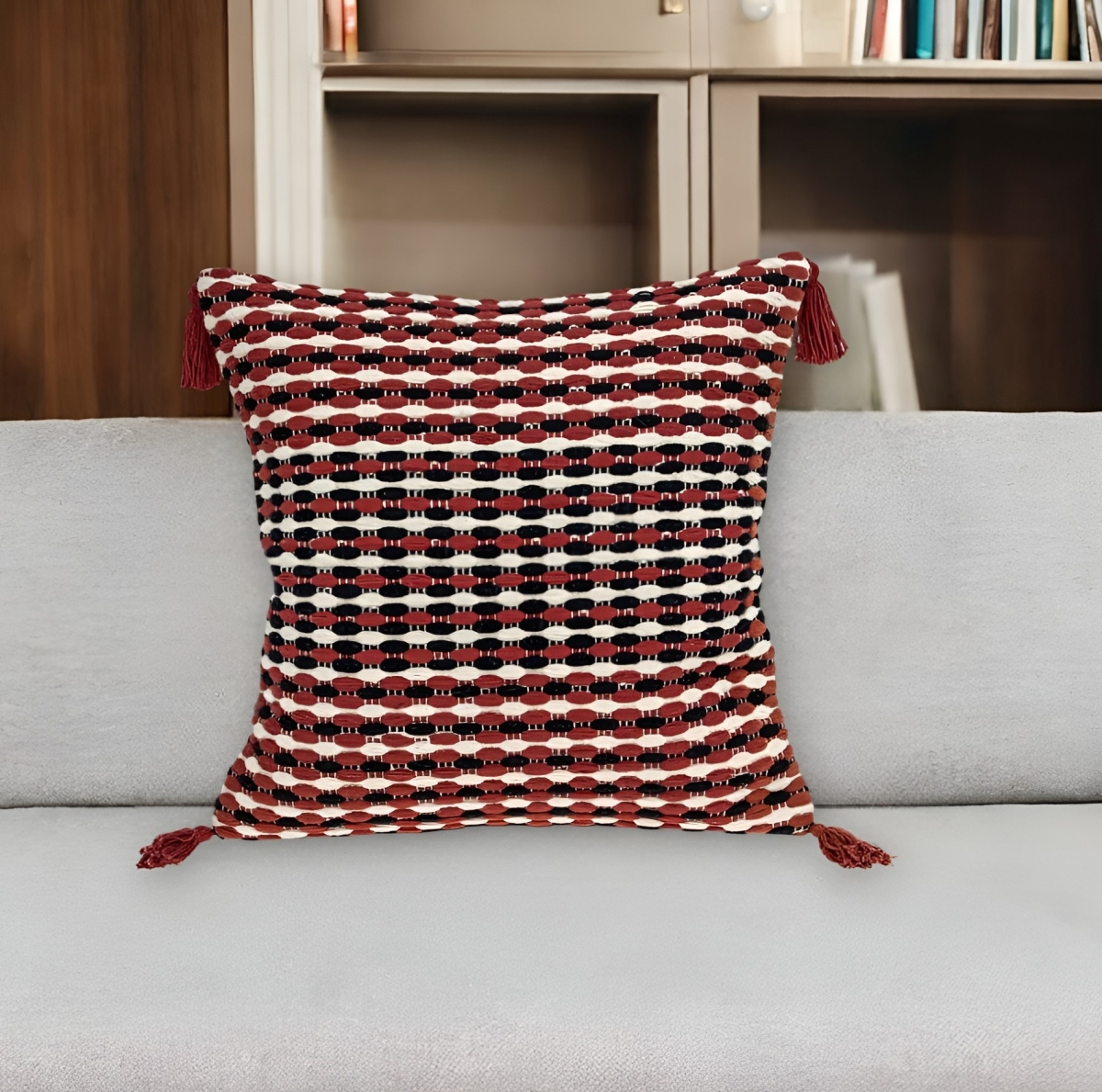 529208 20 in. Red & Black Cotton Throw Pillow with Tassels