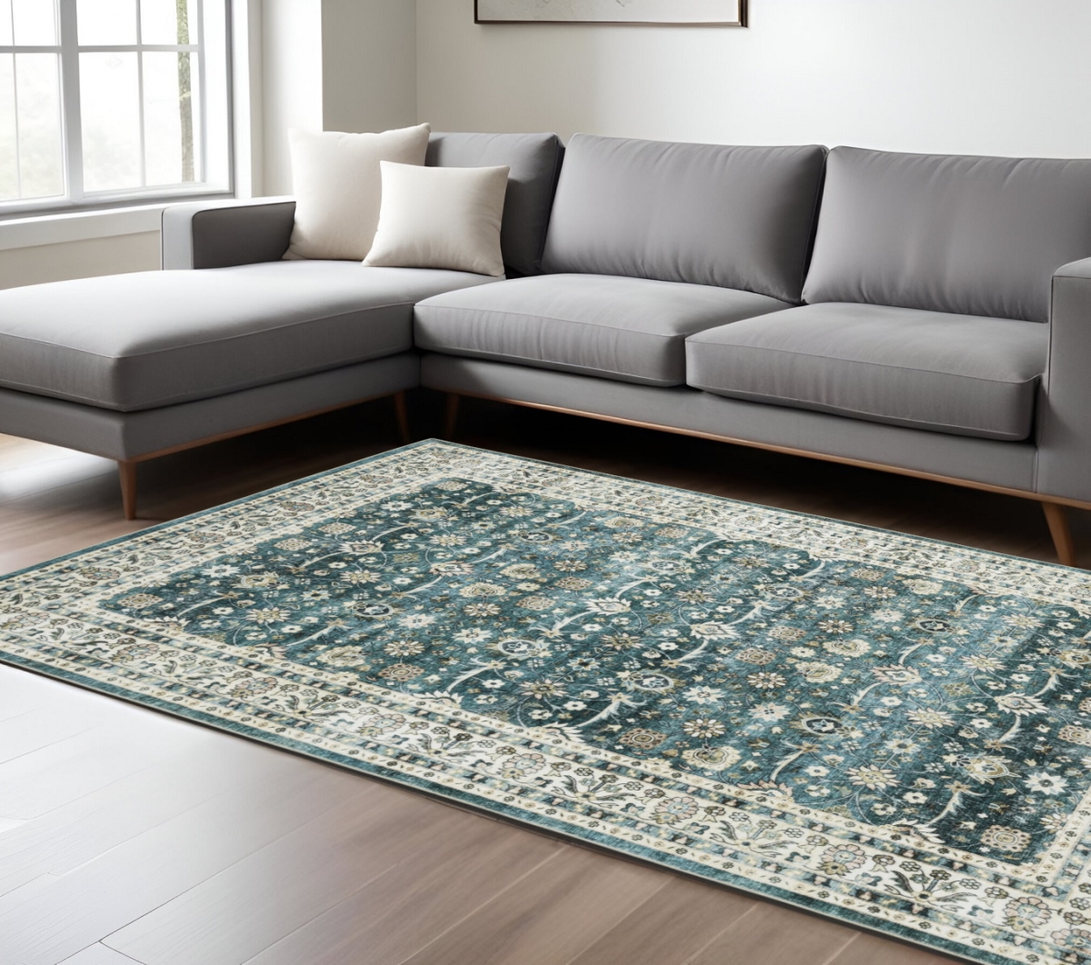 574717 8 x 10 ft. Oriental Distressed Rectangle Area Rug, Teal & Ivory