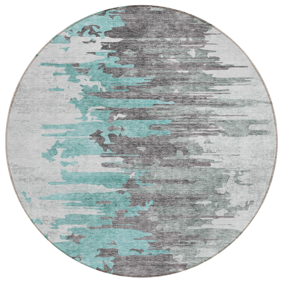 582412 8 ft. Round Abstract Washable Indoor & Outdoor Area Rug, Teal Blue, Charcoal & Silver